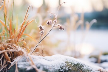close-up of frosted plants beside the brook - obrazy, fototapety, plakaty