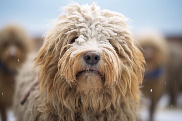 snowflakes clinging to a woolly sheepdog - obrazy, fototapety, plakaty
