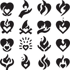 Black silhouette heart flat icon set isolated on white for Health care, wedding, Valentine day card.