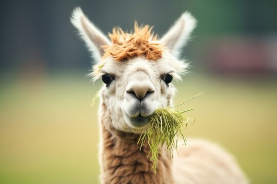 alpaca with mouth full of grass