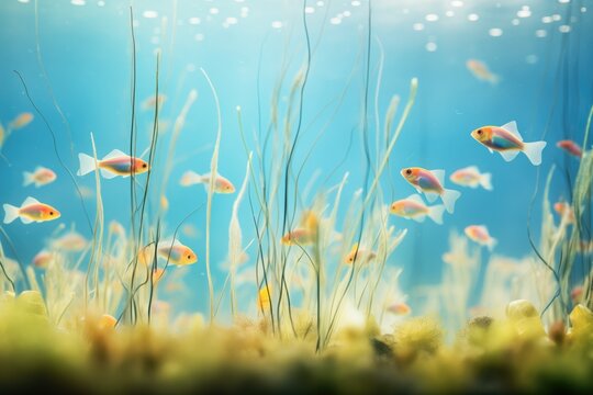 aquarium bubbles rising behind a group of swordtails