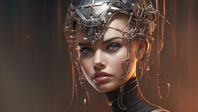 A woman with a sleek metal implant embedded in her forehead. cyberpunk ar