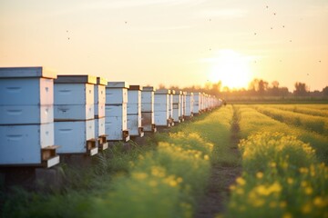 line of hives with bees and sunset in countryside - obrazy, fototapety, plakaty