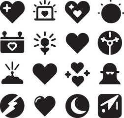 Black silhouette heart flat icon set isolated on white for Health care, wedding, Valentine day card.