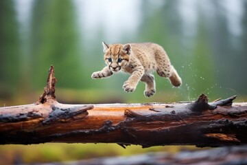 Naklejka premium cougar in mid-pounce over a log
