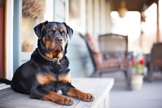 a rottweiler guarding the farmhouse porch