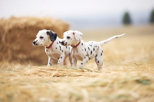 dalmatian puppies romping near haystacks