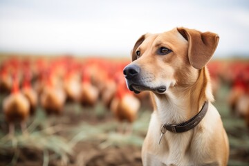 dog with alert posture in front of a flock at pastures edge