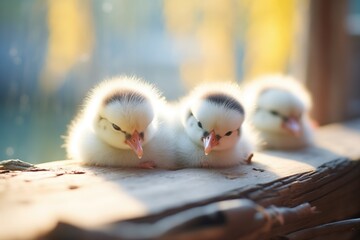 sleepy ducklings in morning sunlight