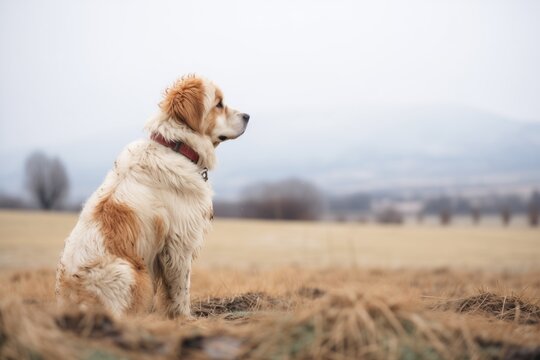 pyrenean mountain dog overlooking a snowy pasture