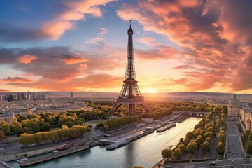 Eiffel Tower and Seine river at sunset, Paris, France, Aerial panoramic view of Paris with the Eiffel Tower during sunset in France, AI Generated