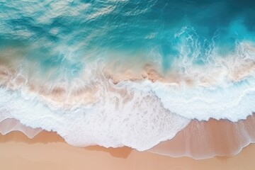 Fototapeta na wymiar Aerial view of beautiful sandy beach and turquoise ocean wave, Aerial view capturing a beautiful sandy beach and ocean wave, taken by a drone, AI Generated