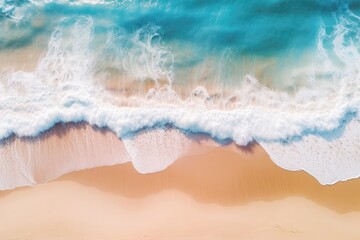 Fototapeta na wymiar Aerial view of beautiful sandy beach with turquoise ocean waves, Aerial view capturing a beautiful sandy beach and ocean wave, taken by a drone, AI Generated
