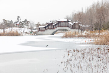 A bridge covered with snow in winter