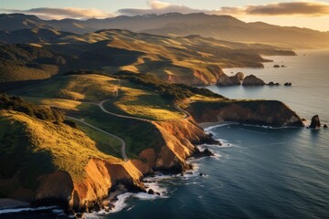 Aerial view of the Pacific Coast of California at sunset, USA, Aerial view of Marin Headlands and...
