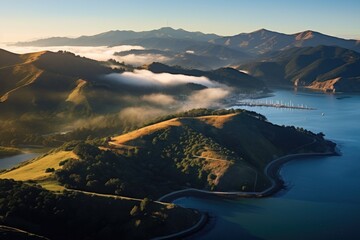 Aerial view of the lake and mountains at sunset, South Island, New Zealand, Aerial view of Marin...