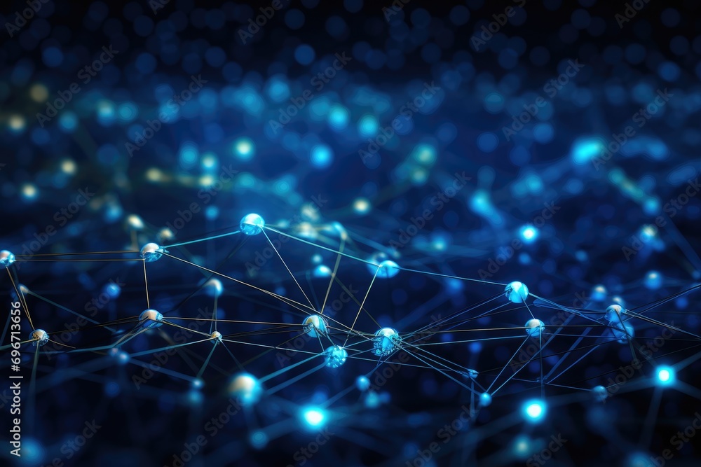 Poster 3d rendering of a network of connections on a dark blue background, an abstract blue technology back