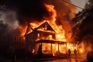 Firefighters fighting a fire in a house at night. Firefighters fighting a fire, American house on fire, and firefighters are working to extinguish the flames, AI Generated