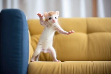 ferret standing on hind legs on sofa arm