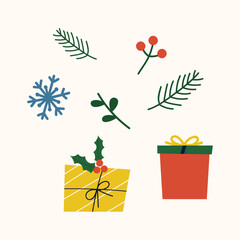 Christmas gifts and flower accessories - flat illustration