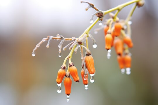 frozen dew clinging to bright orange firethorn berries