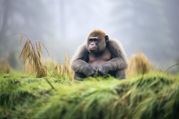 lone gorilla sitting in a foggy glade