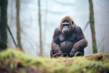 a lone gorilla sitting solemnly in a foggy forest glade - obrazy, fototapety, plakaty