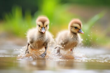 Obraz premium goslings caught in action shaking off water
