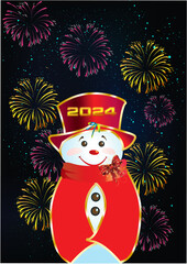 composition with fireworks and snowman for new year - 696715006