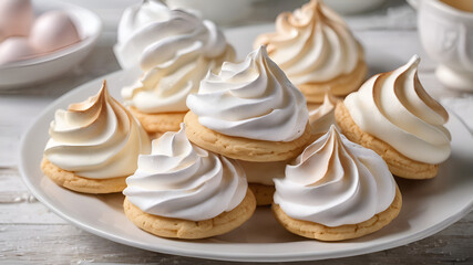 The white plate is filled with delicate, airy meringues on a light background. side view, vertical. - obrazy, fototapety, plakaty