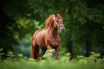 Obraz premium chestnut horse with lush green backdrop