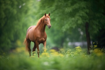 chestnut horse with lush green backdrop