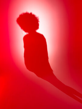 Shadow of a girl on a red background in a photo studio