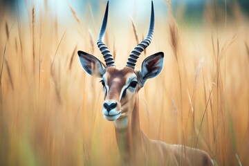 solo impala with spiral horns amid tall grass - obrazy, fototapety, plakaty