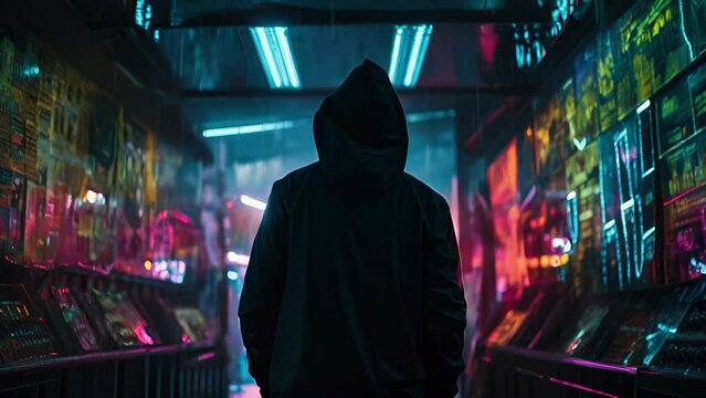A hooded figure silhouetted against a backdrop of neon signs and lights. cyberpunk ar
