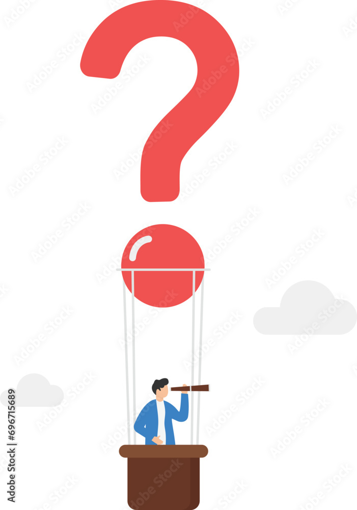 Poster finding solutions and problem solving concepts. businessman flying with question mark vector illustr