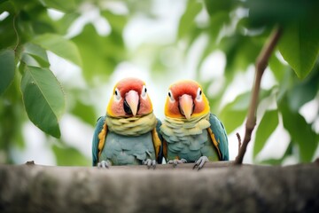 a duo of lovebirds tucked within a leafy garden