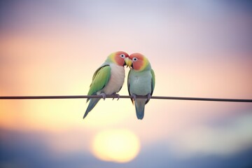 lovebirds in a gentle peck facing sunset sky - obrazy, fototapety, plakaty