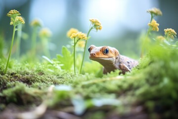 newt amidst a patch of wildflowers and greenery
