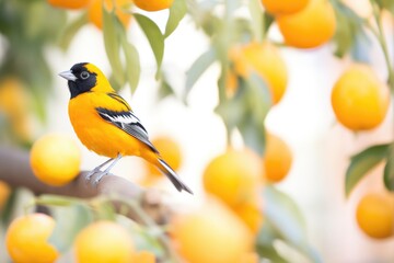 focused shot of oriole with blurred orange grove