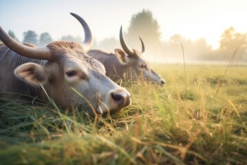 morning dew on sleeping oxen in an open meadow - obrazy, fototapety, plakaty