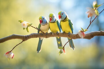 trio of parakeets on a sunlit branch