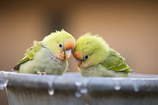 domestic parakeets in a bird bath, engaged in preening