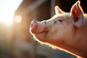 profile of a pigs face highlighted by sunshine - obrazy, fototapety, plakaty
