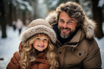Fototapeta na wymiar Portrait of cheerful Caucasian father and his cute daughter against the backdrop of snowy forest or park. Happy family in winter outwear spend vacation together walking and hiking.
