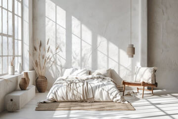 Minimalistic bedroom with filled with natural light