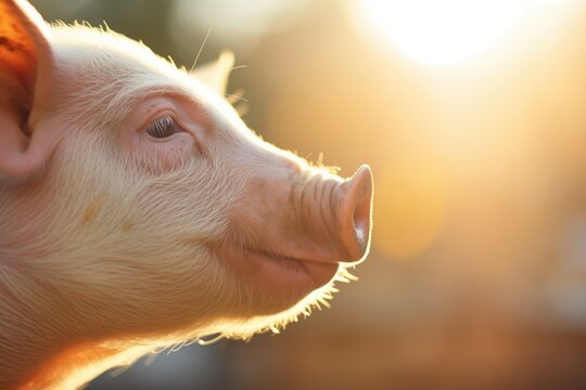 Fototapeta profile of a pigs face highlighted by sunshine
