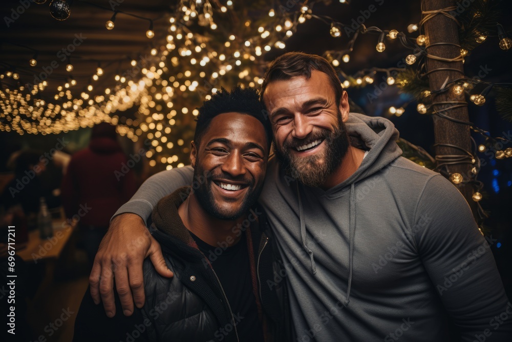 Poster two adult men in casual clothes pose hugging and smiling happily in a pub during new year's party. o - Posters