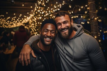 Two adult men in casual clothes pose hugging and smiling happily in a pub during New Year's party. Old buddies are celebrating Christmas and having fun. - obrazy, fototapety, plakaty