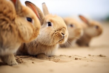 rabbits on a sandy patch, one grooming the others nose